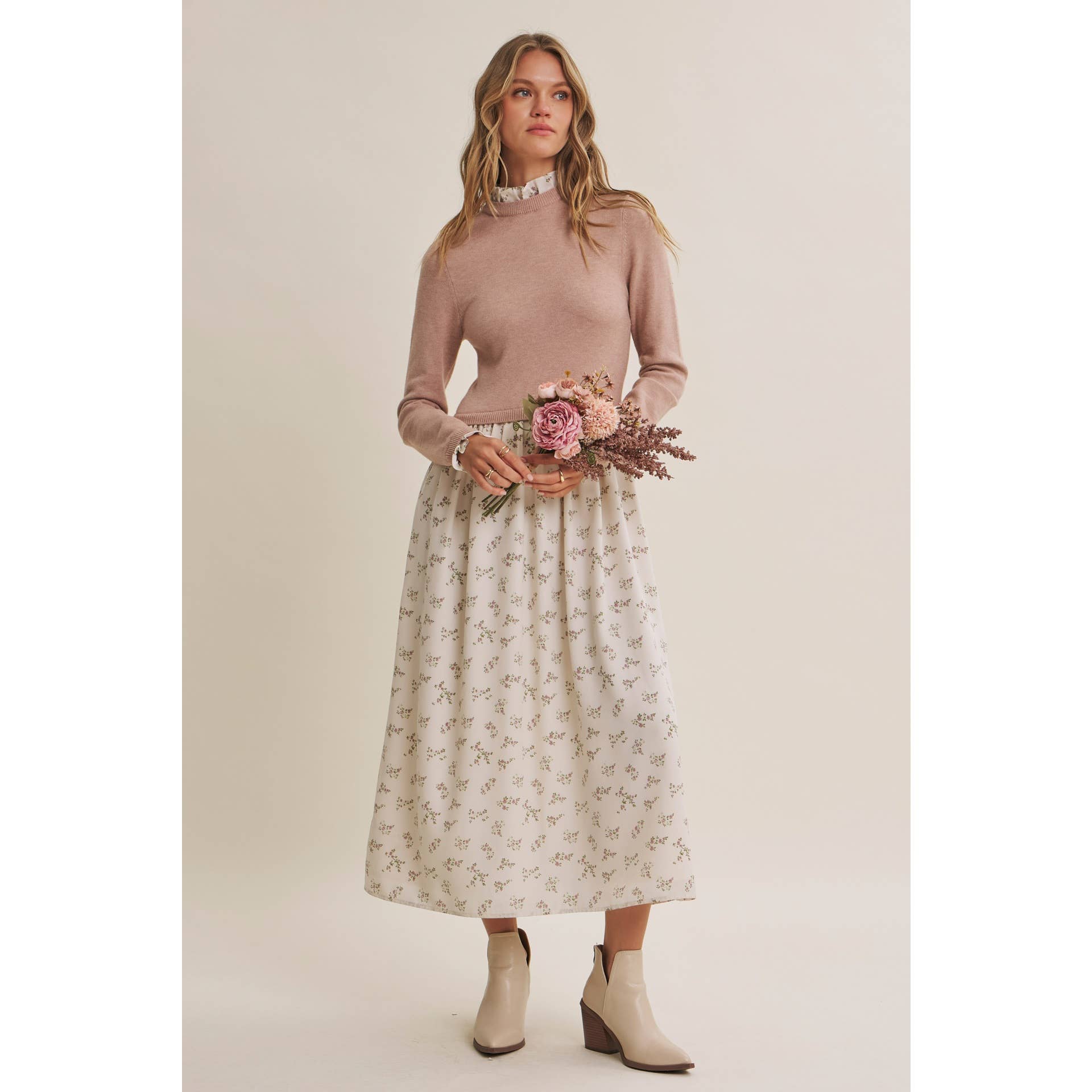 PRESSED PETALS VISCOSE BLEND SWEATER TWOFER MIDI DRESS