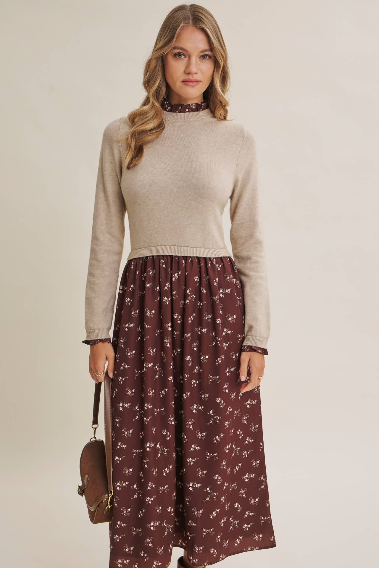 PRESSED PETALS VISCOSE BLEND SWEATER TWOFER MIDI DRESS