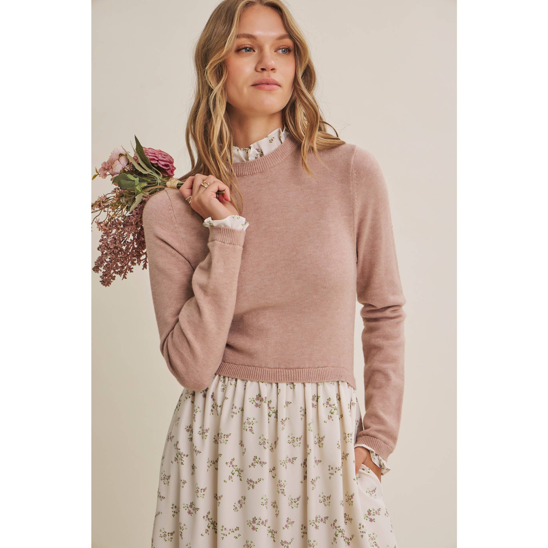 PRESSED PETALS VISCOSE BLEND SWEATER TWOFER MIDI DRESS