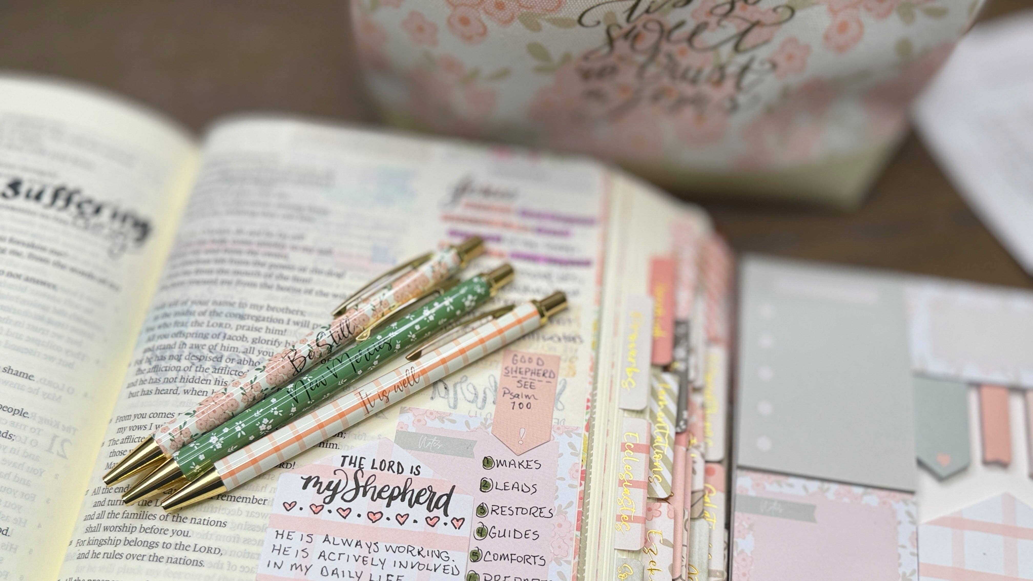 Be Still Christian Pen Set | Peach Floral Fine Tip Bible Study Pens