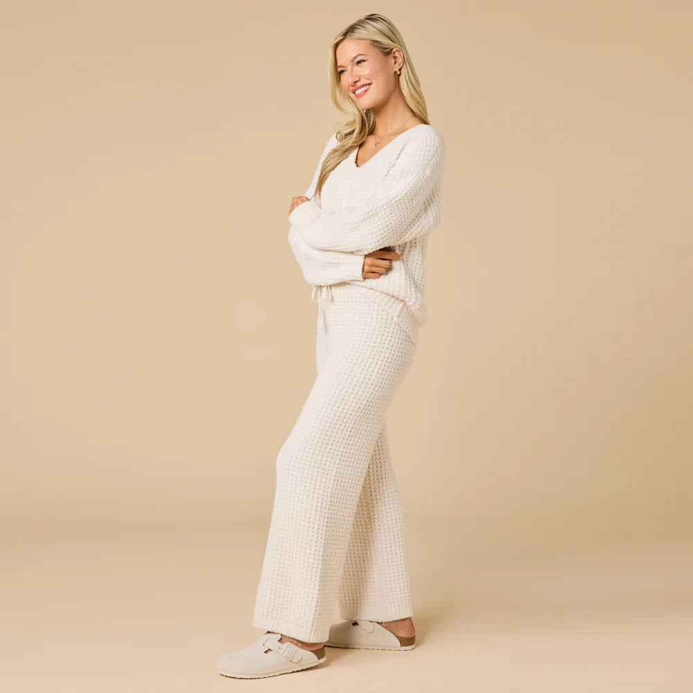 Waffle Marshmallow V-Neck Luxe Lounge Set Almond