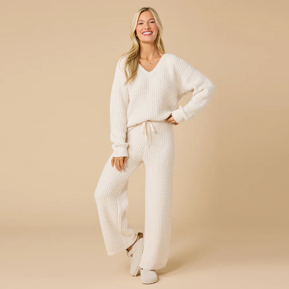 Waffle Marshmallow V-Neck Luxe Lounge Set Almond