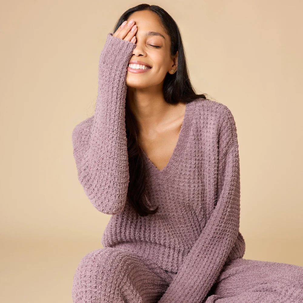 Waffle Marshmallow V-Neck Luxe Lounge Set Driftwood