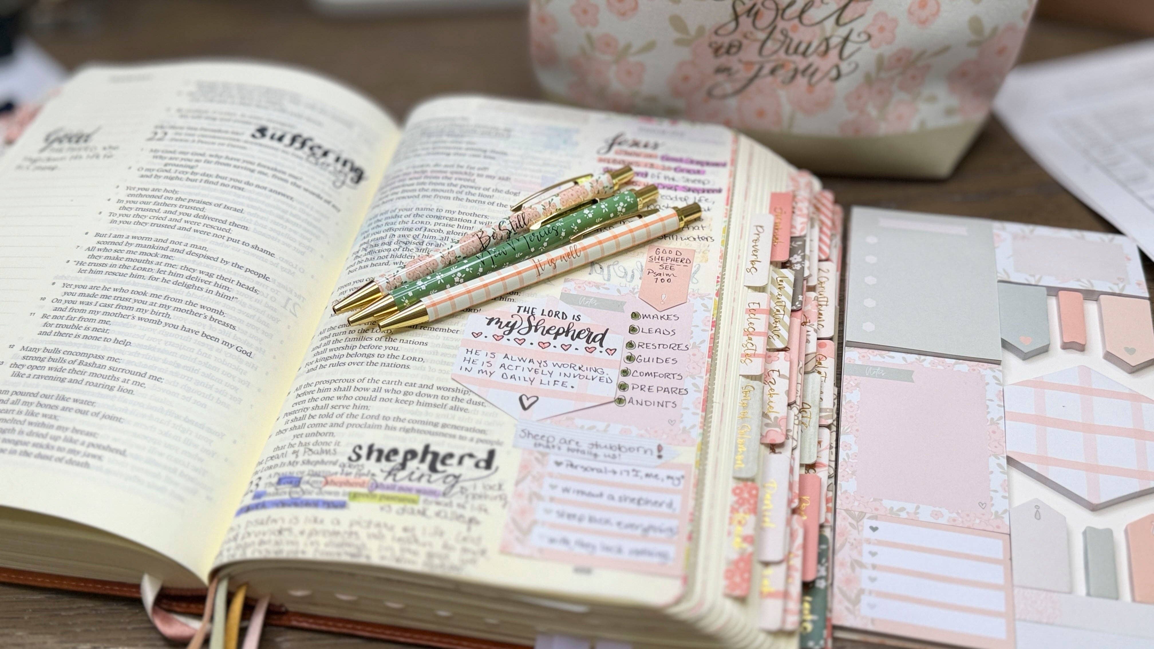 Be Still Christian Pen Set | Peach Floral Fine Tip Bible Study Pens
