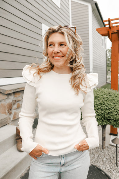 RUFFLE SLEEVE DETAIL SWEATER - Michigan Southern Charm
