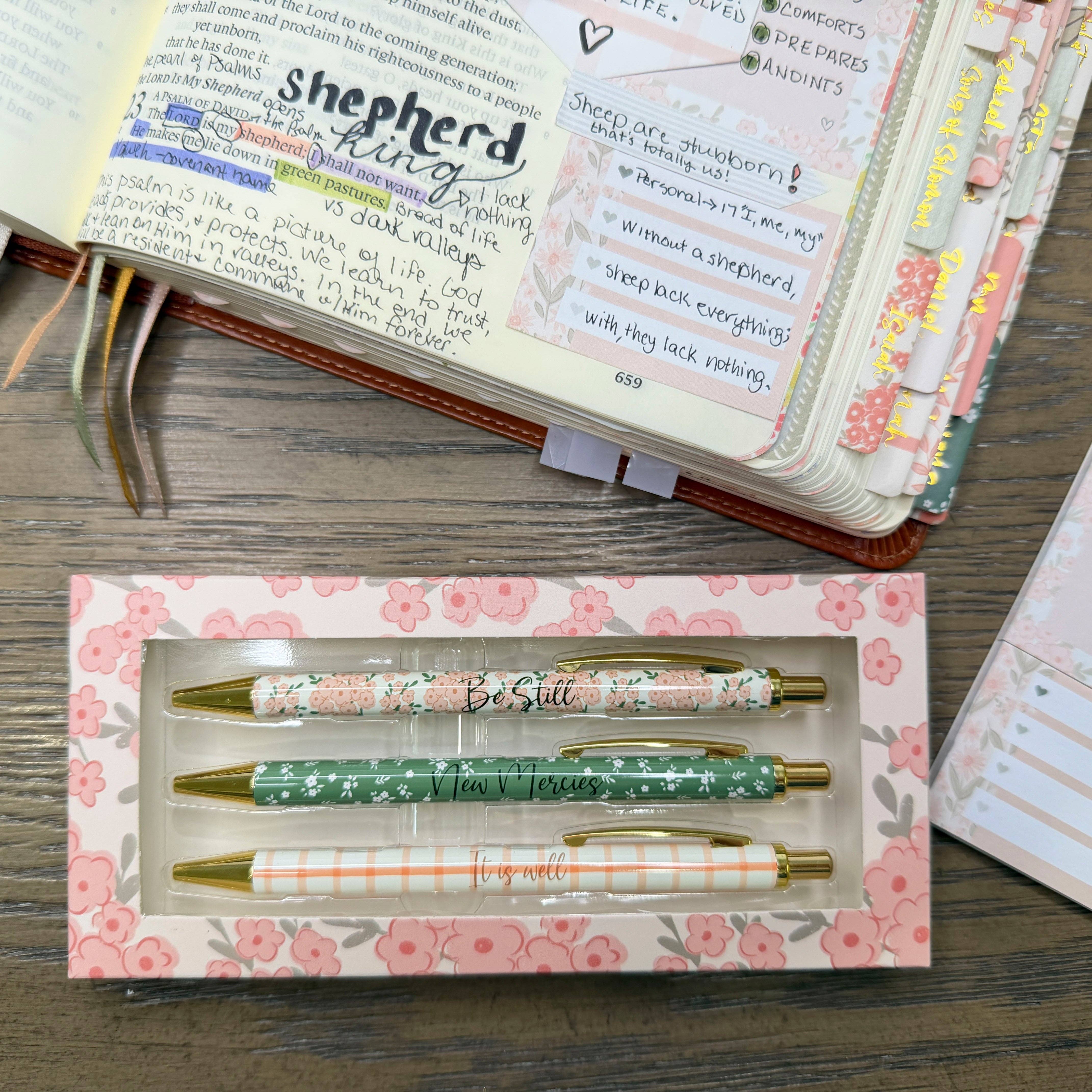 Be Still Christian Pen Set | Peach Floral Fine Tip Bible Study Pens