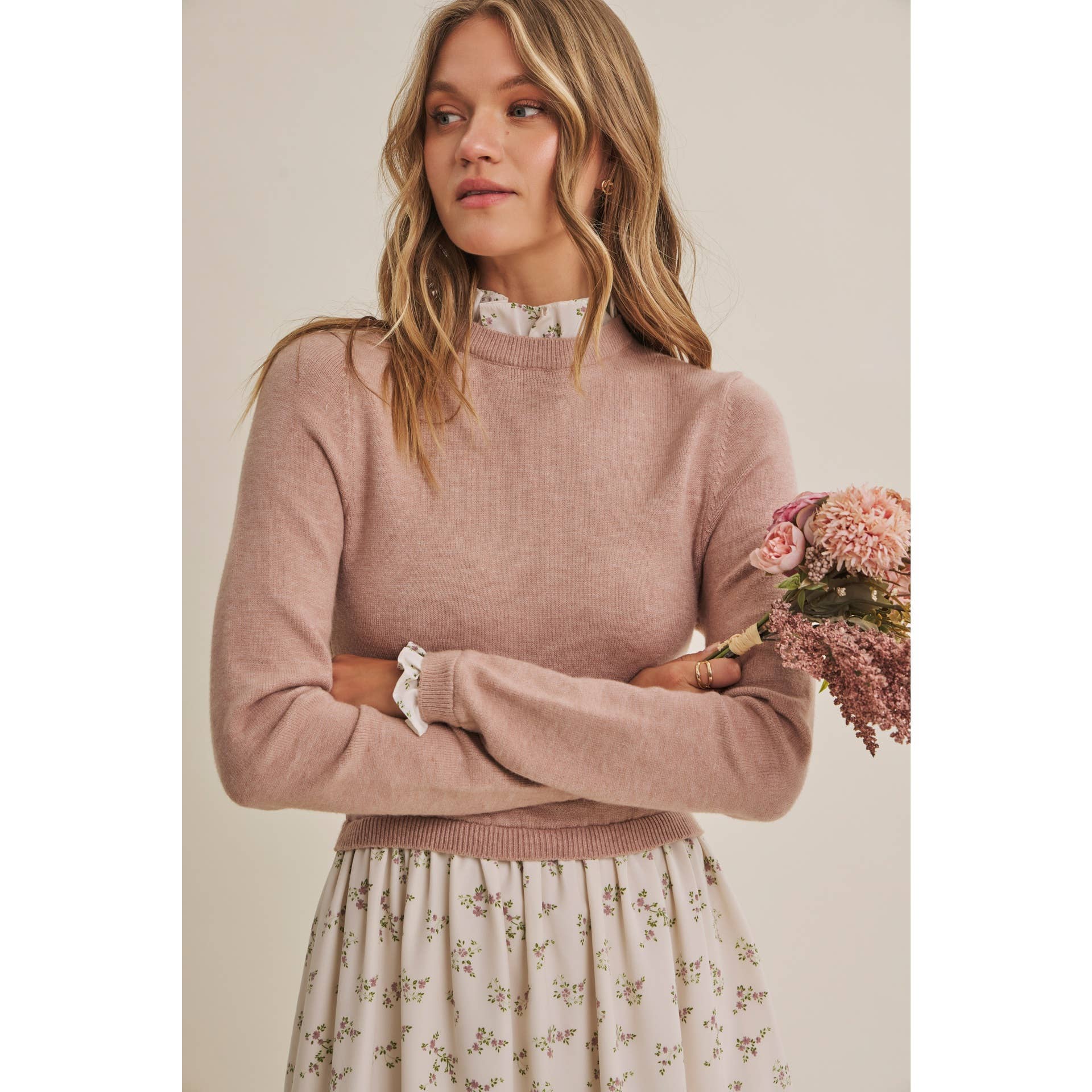 PRESSED PETALS VISCOSE BLEND SWEATER TWOFER MIDI DRESS