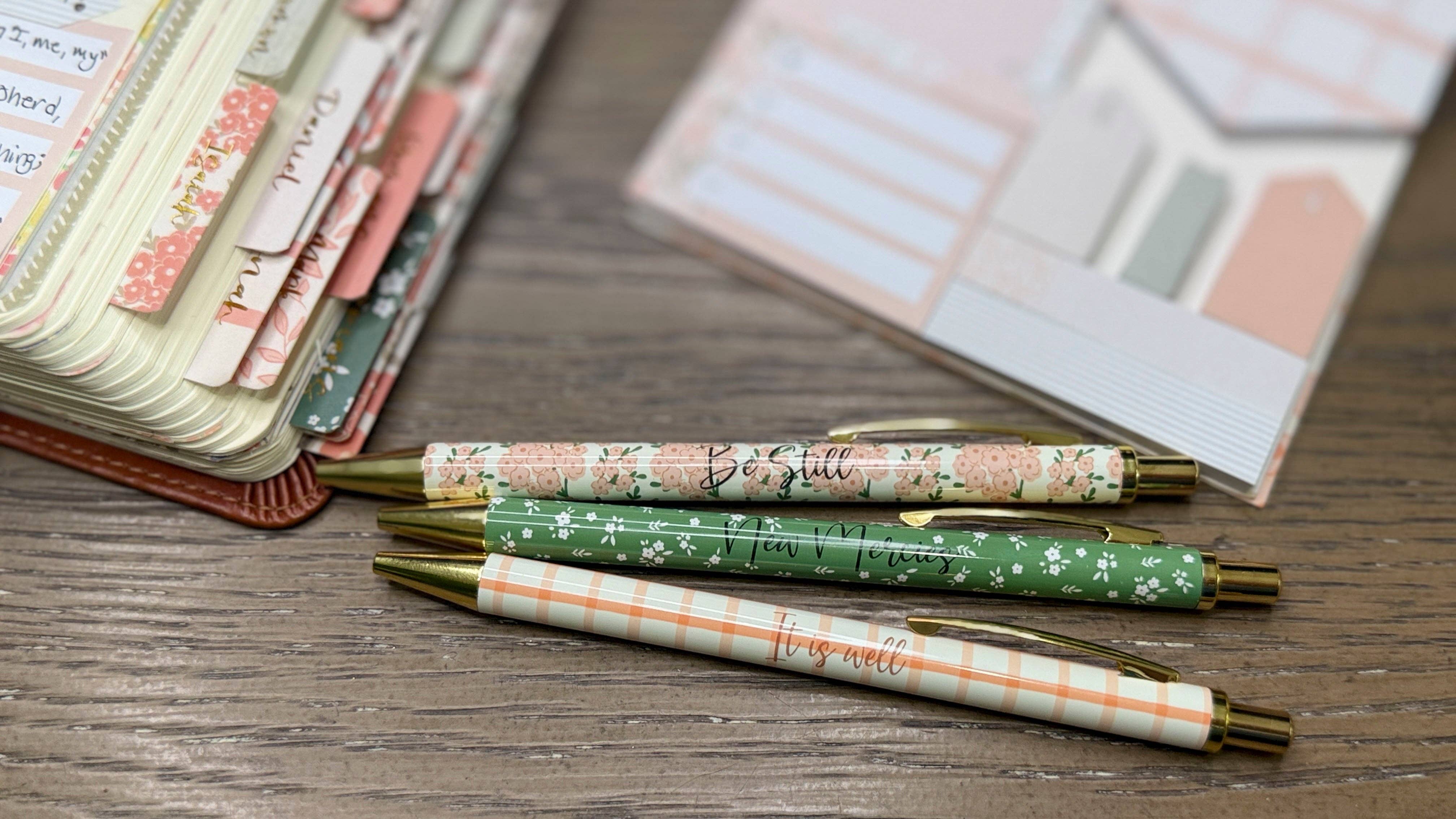 Be Still Christian Pen Set | Peach Floral Fine Tip Bible Study Pens