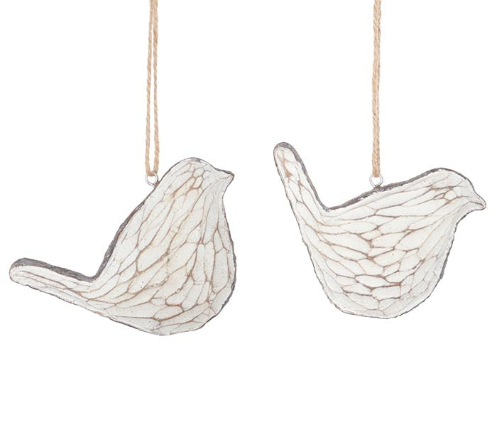 CARVED DISTRESSED WHITE BIRD ORNAMENTS