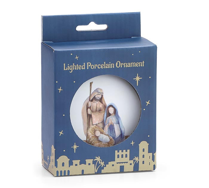 LED LIGHTED HOLY FAMILY PORCELAIN ORNAMENT