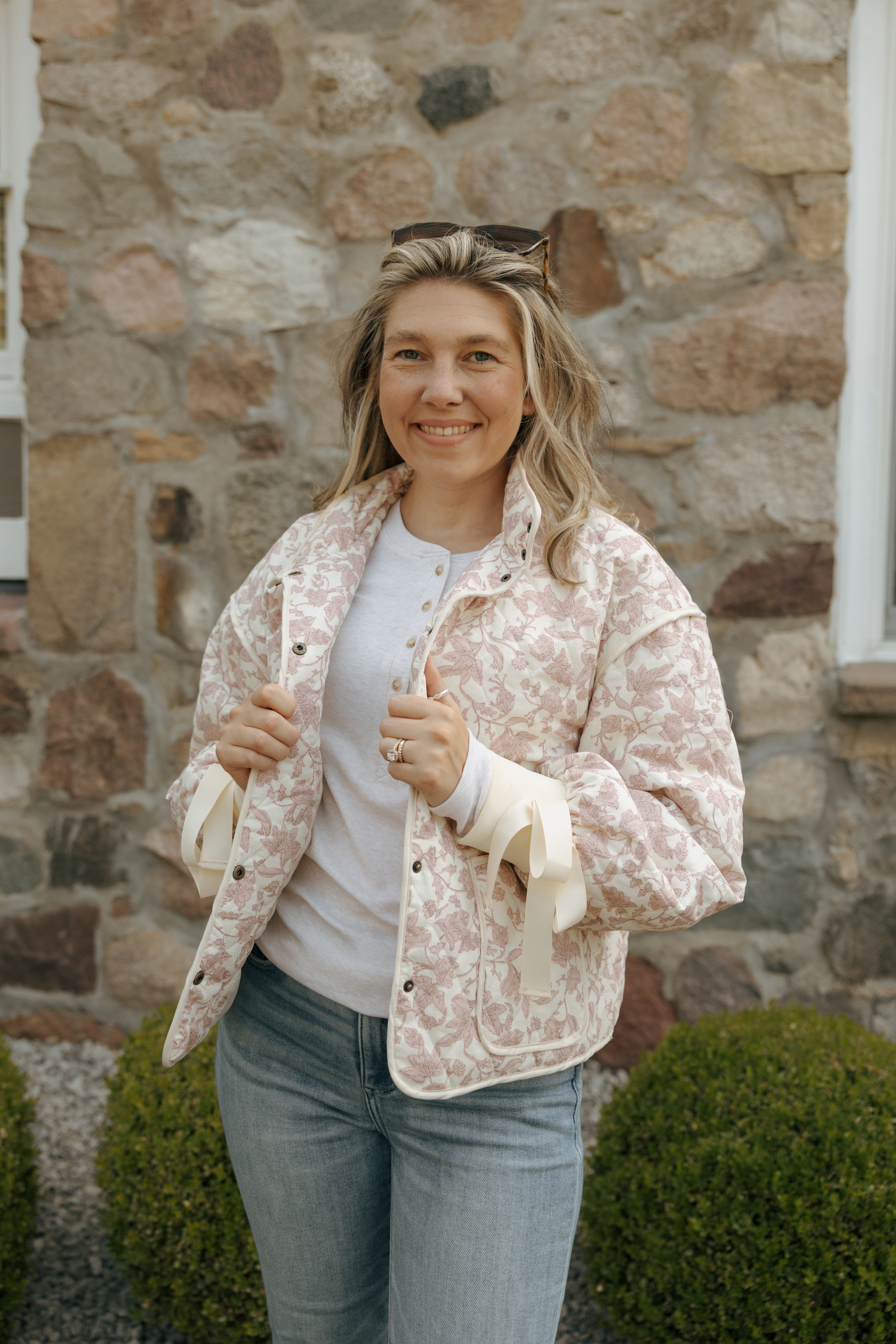 Floral Quilted Jacket With Bow Tie Ribbon Detail