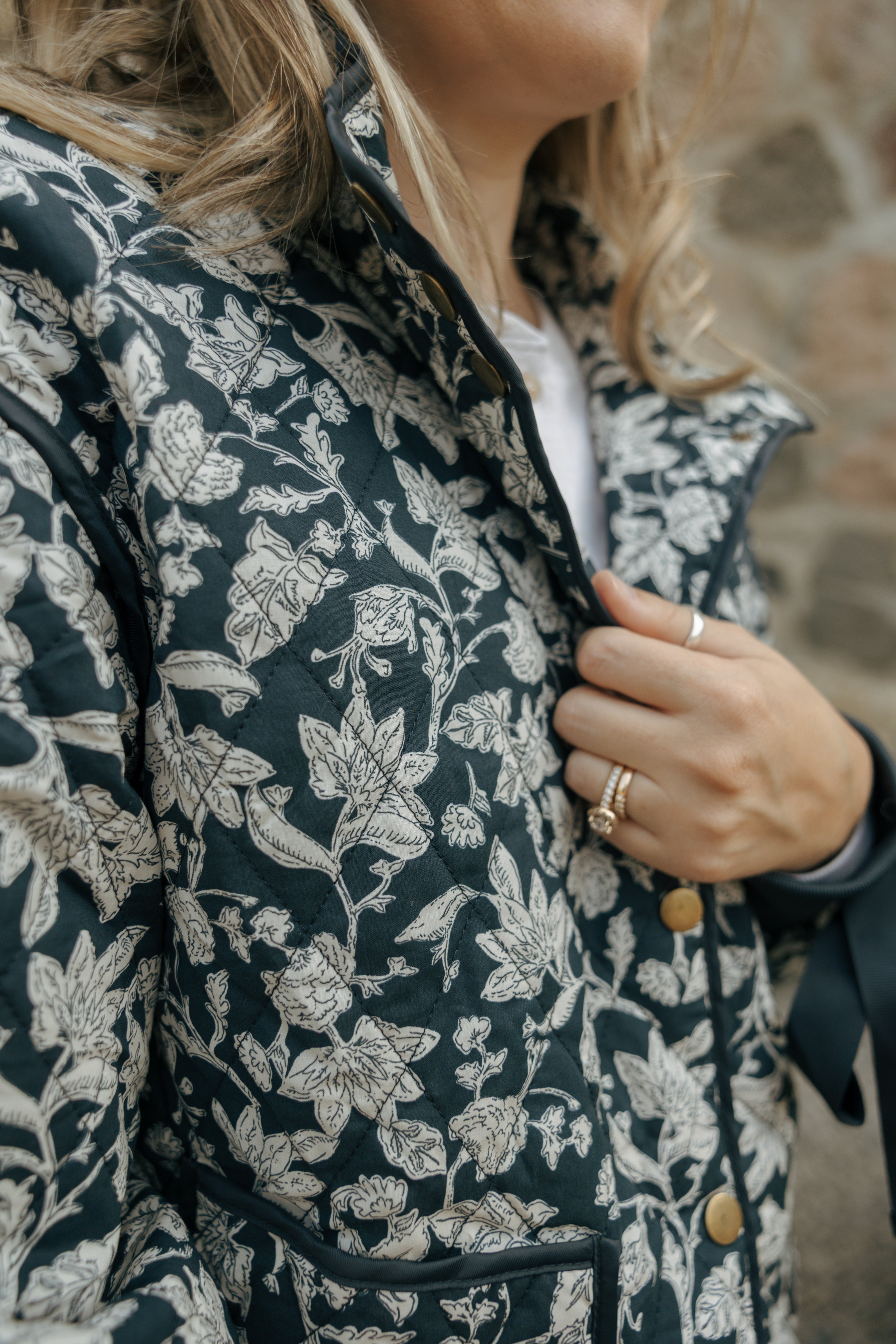 Floral Quilted Jacket With Bow Tie Ribbon Detail