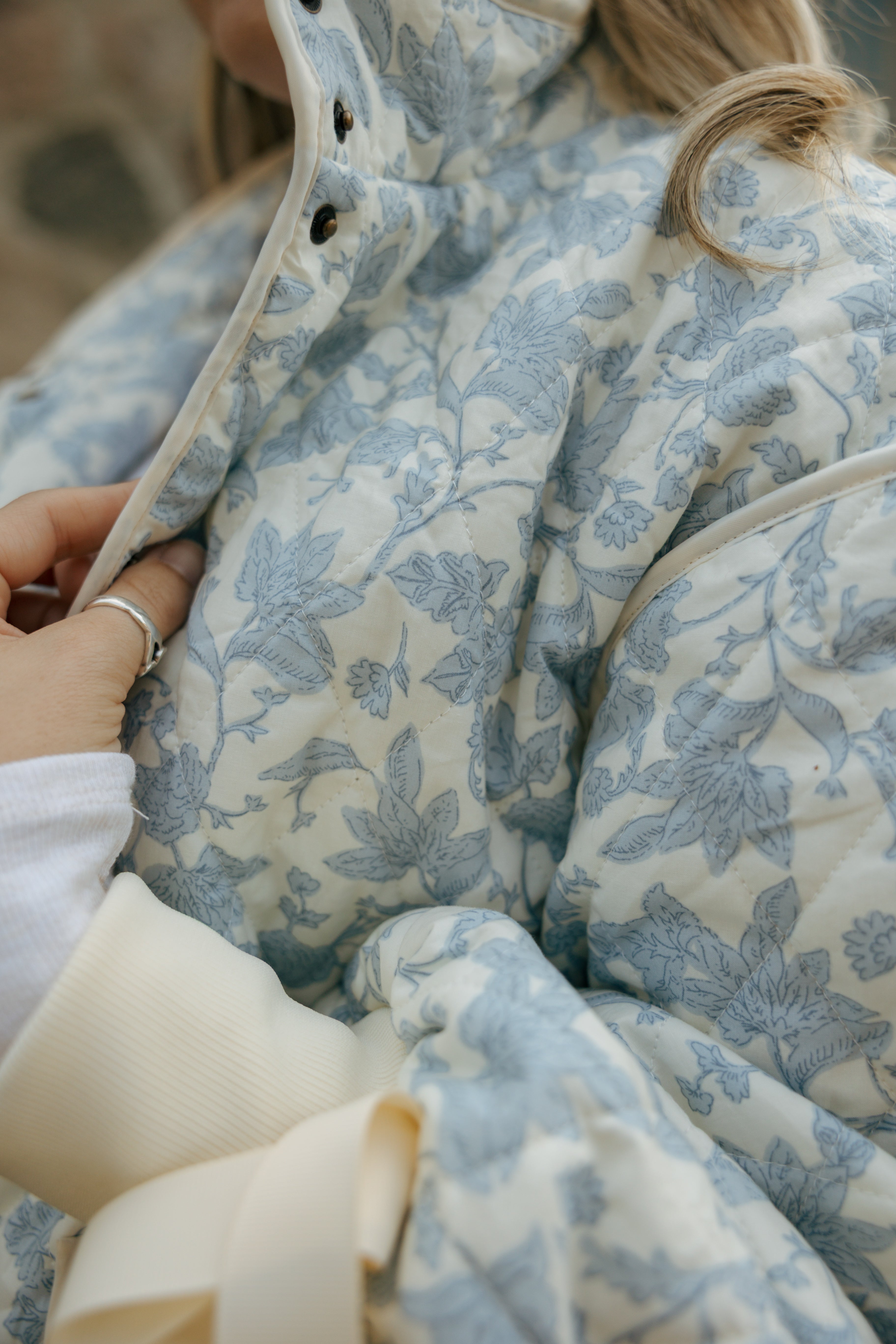 Floral Quilted Jacket With Bow Tie Ribbon Detail
