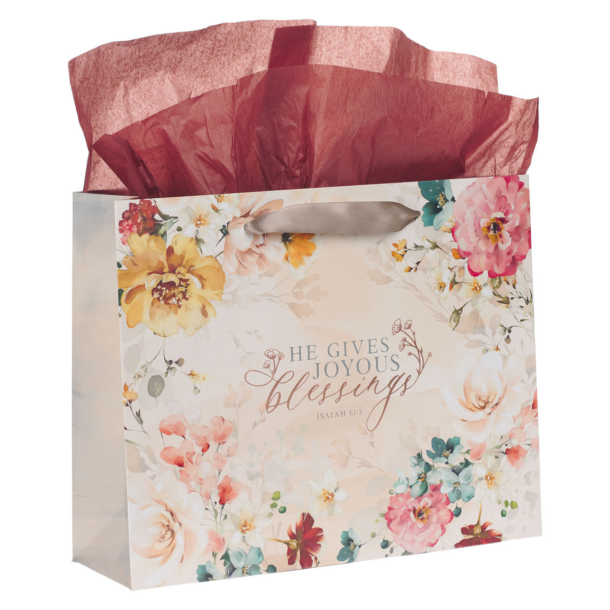 Joyous Blessings Floral Peach Large Landscape Gift Bag Set with Card - Isaiah 61:3