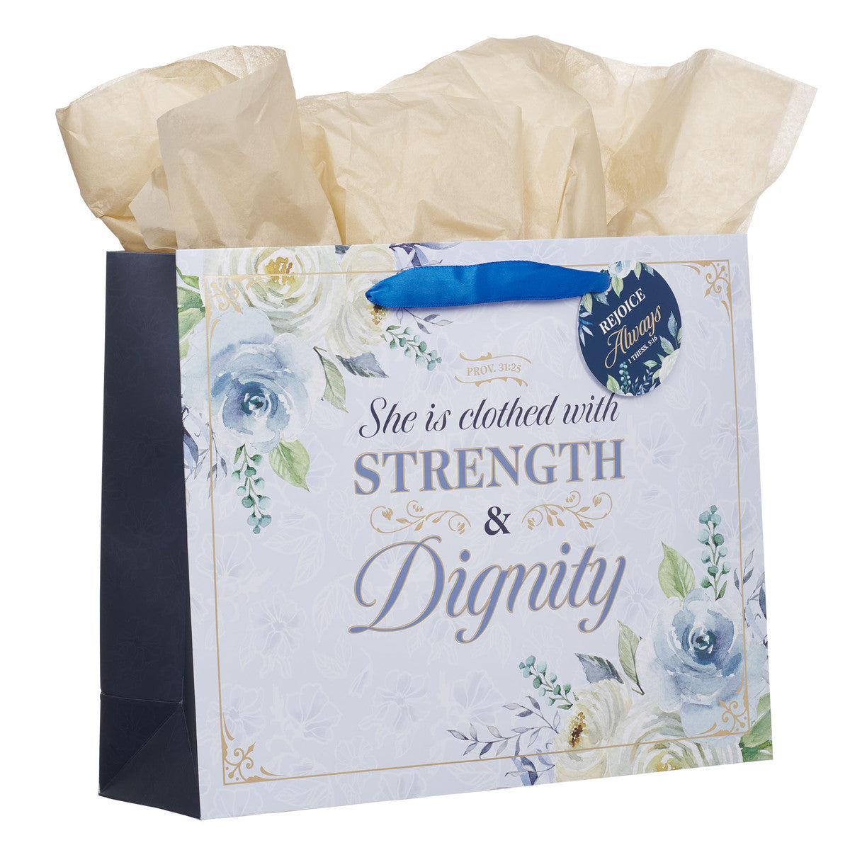 Strength and Dignity Blue Roses Large Landscape Gift Bag - Proverbs 31:25