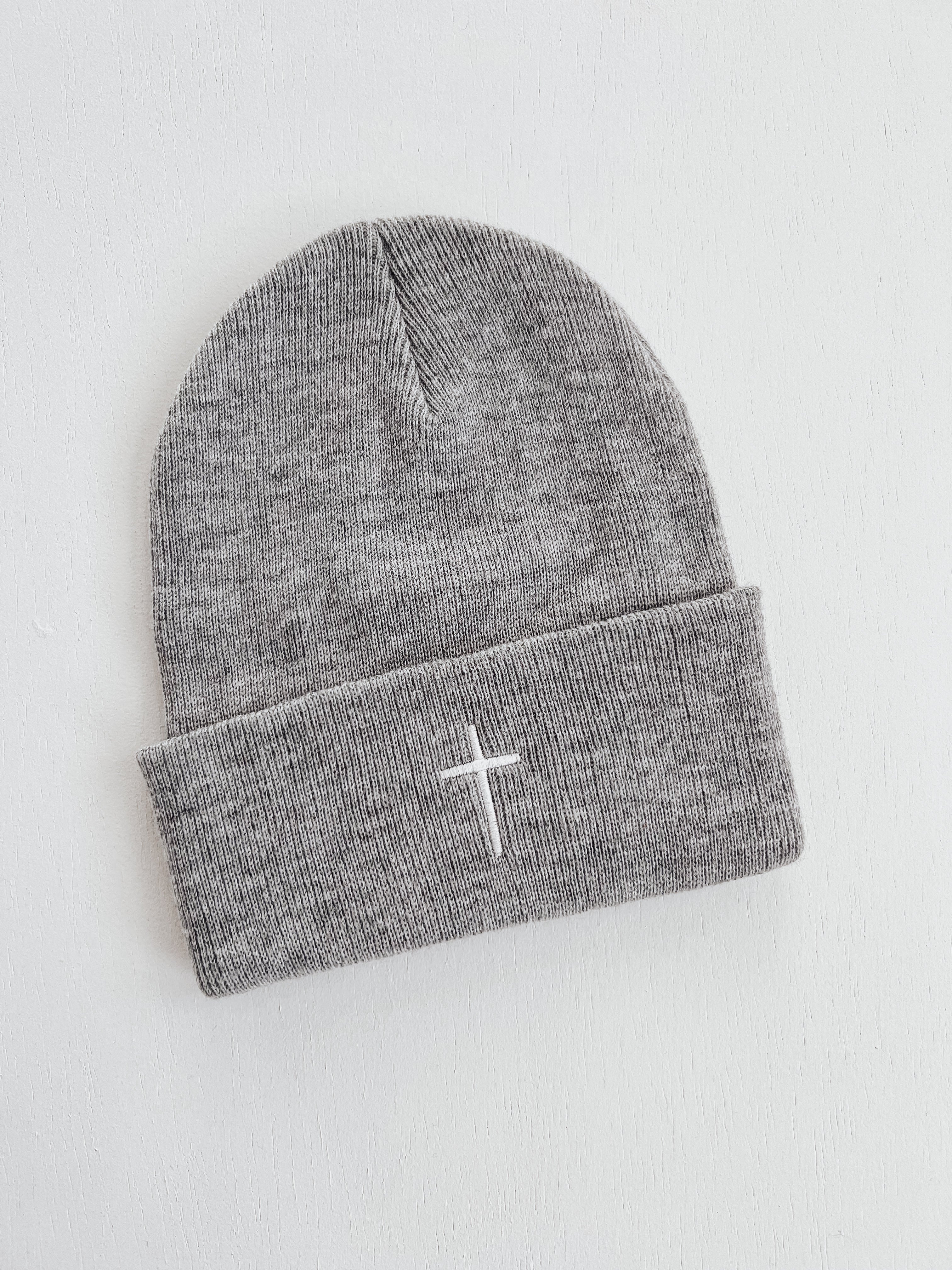 Embroidered Cross Knit Beanie - Grey