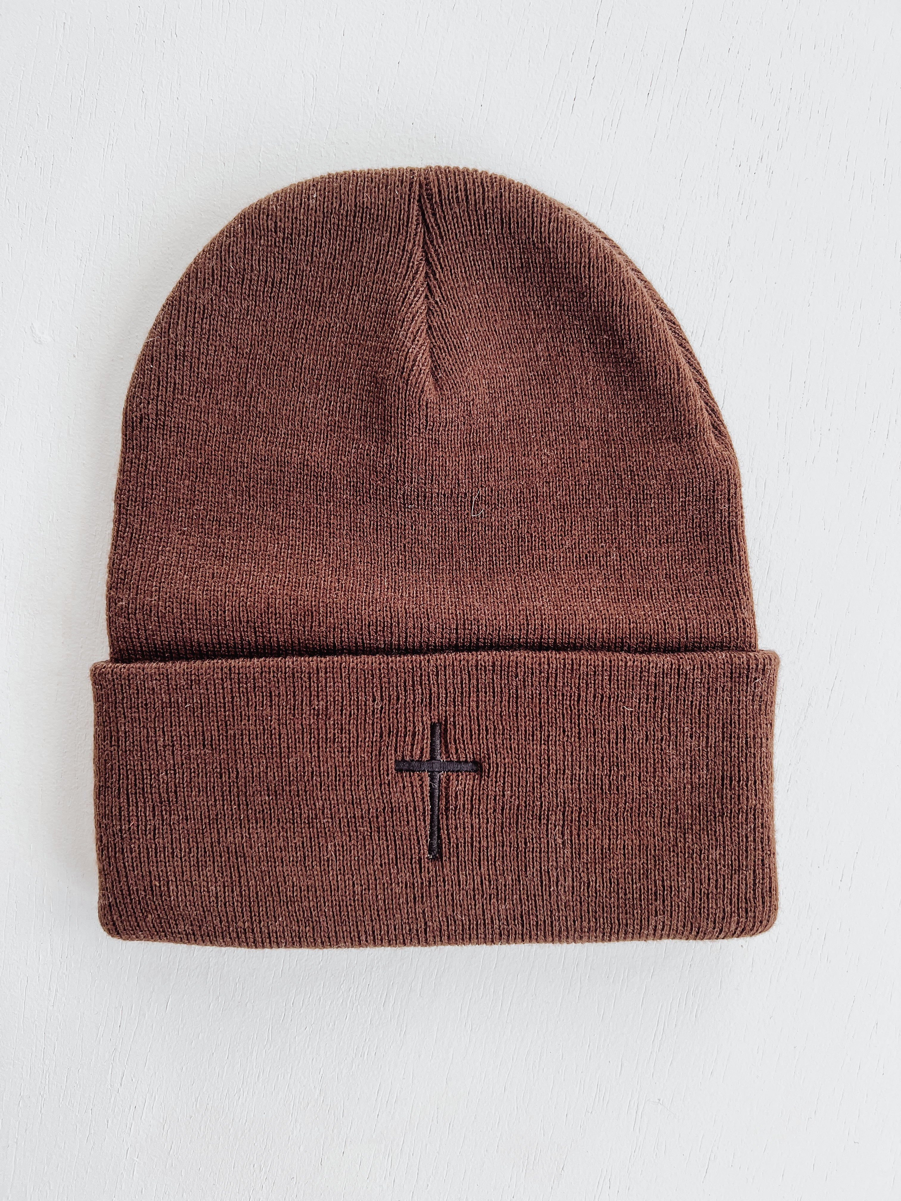 Embroidered Cross Knit Beanie - Brown