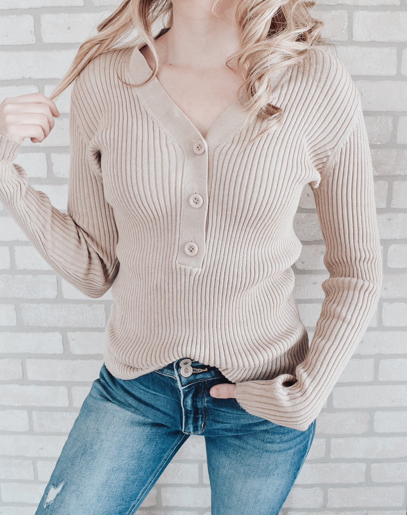 Button Detail Rib Sweater Top
