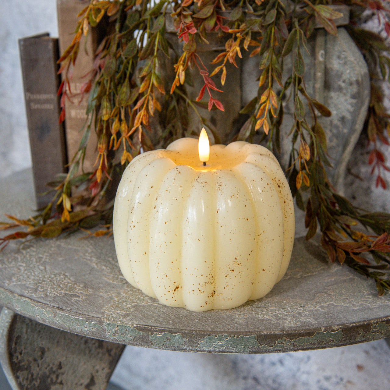 5" CREAM 3D FLAME PUMPKIN CANDLE - Michigan Southern Charm