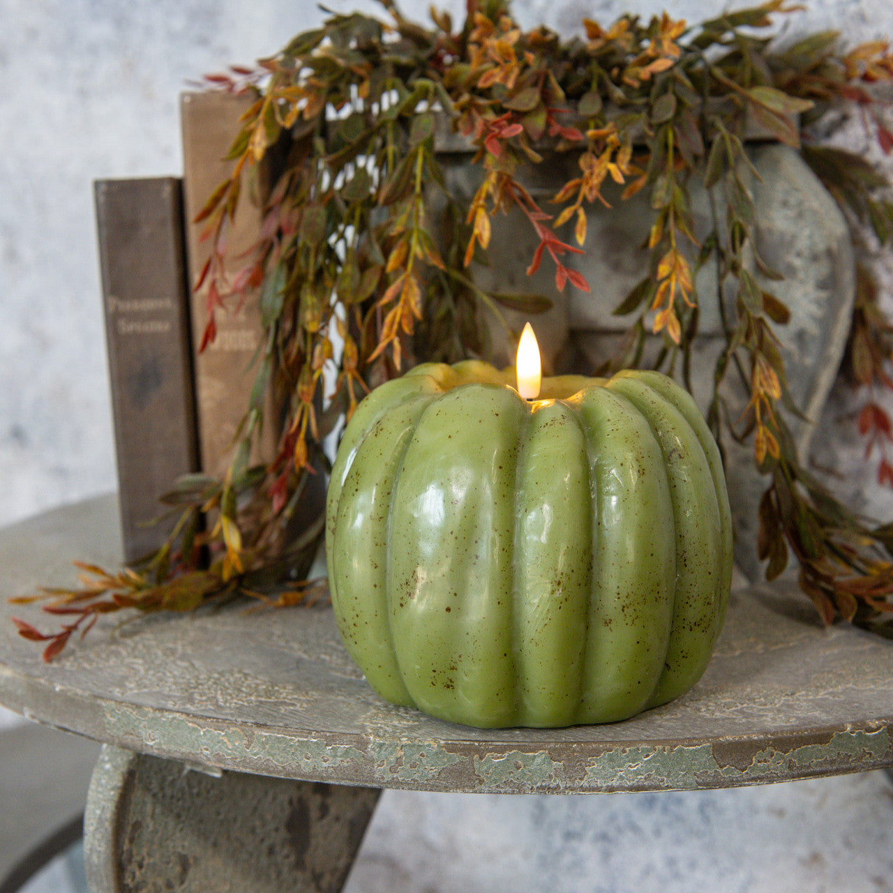 5" GREEN 3D FLAME PUMPKIN CANDLE - Michigan Southern Charm