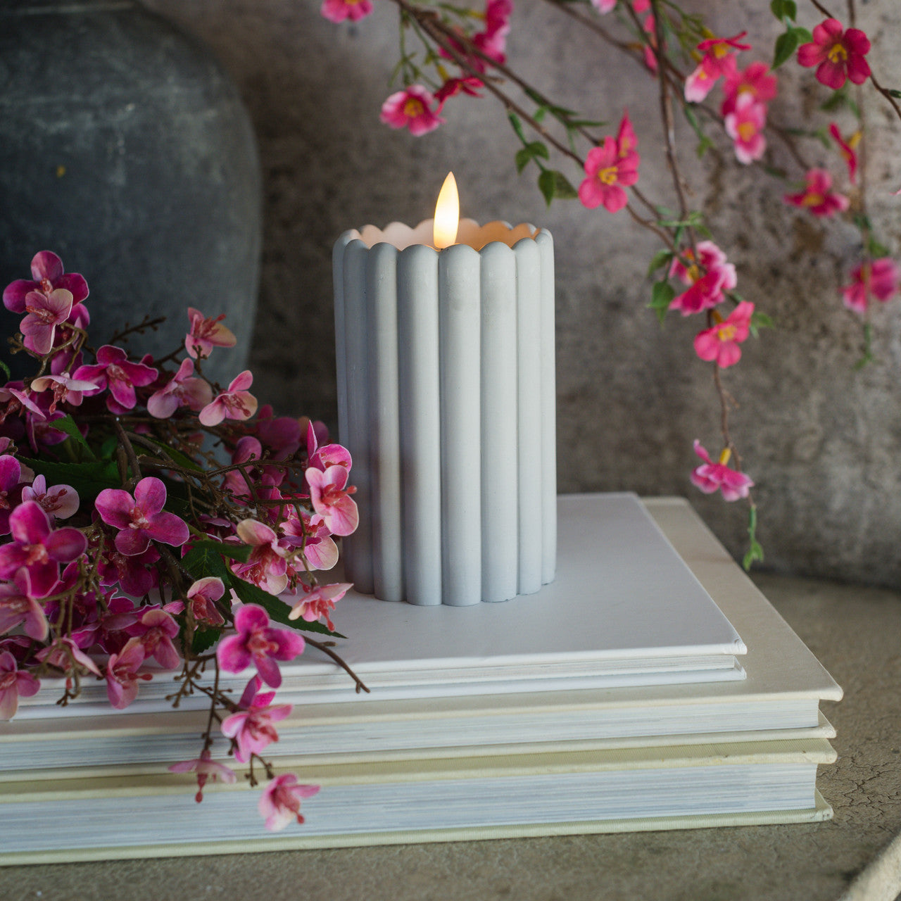 GREY CEMENT 5" COLUMN 3D FLAME CANDLE