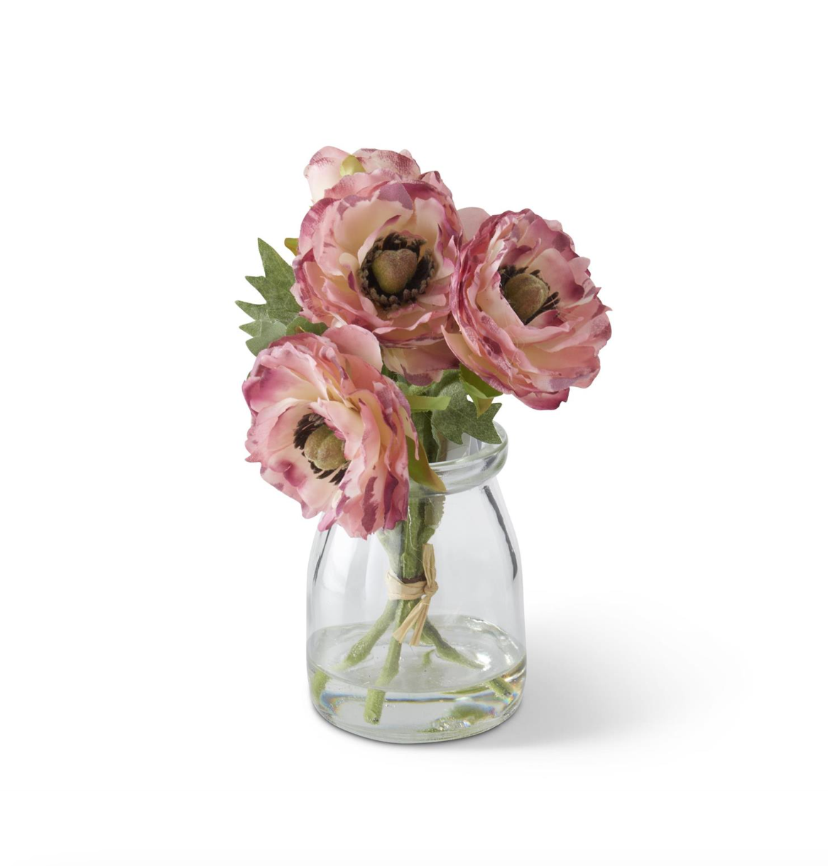 6.75 INCH PINK RANUNCULUS BOUQUET IN GLASS VASE W/FAUX WATER