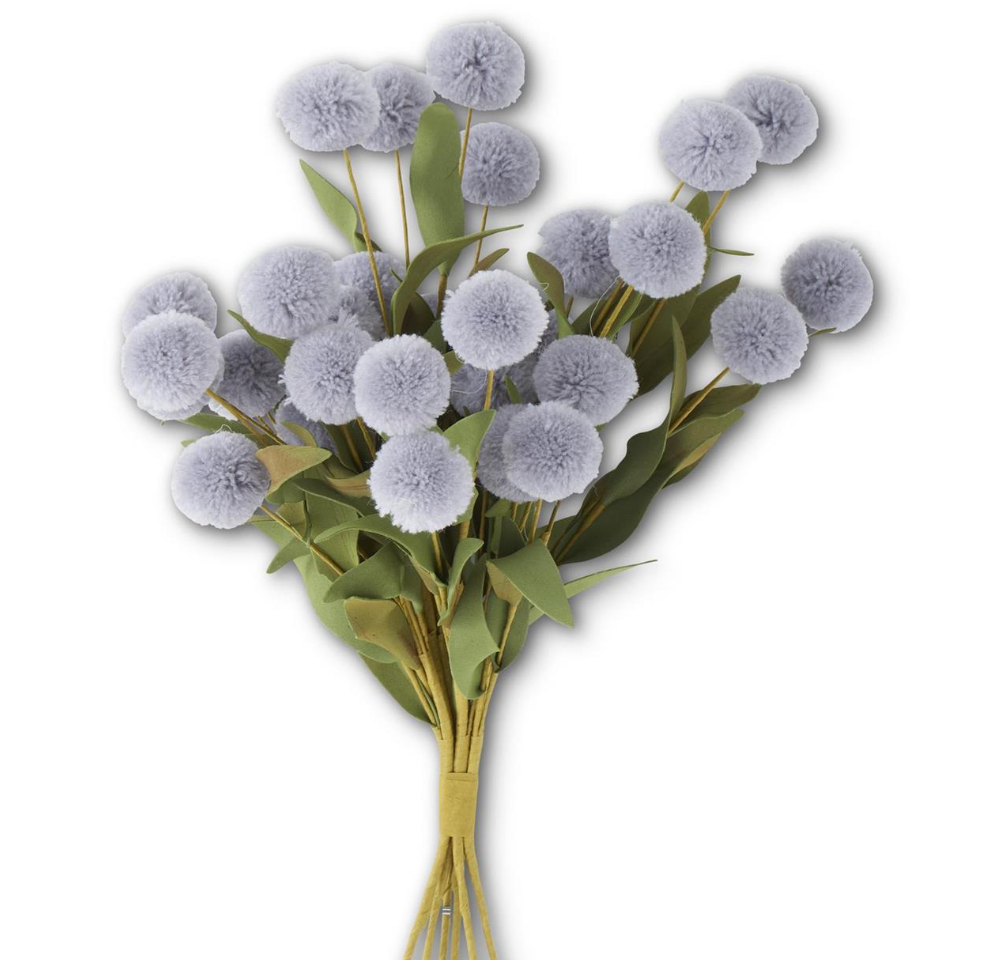 13 INCH GRAY BLUE POMPOM PICK W/GREEN EVA LEAVES BUNDLE (6 STEMS)