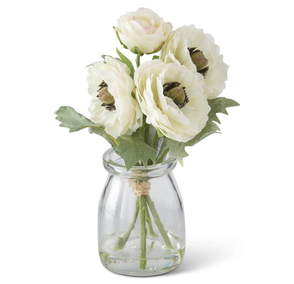 6.75 INCH WHITE RANUNCULUS BOUQUET IN GLASS VASE W/FAUX WATER