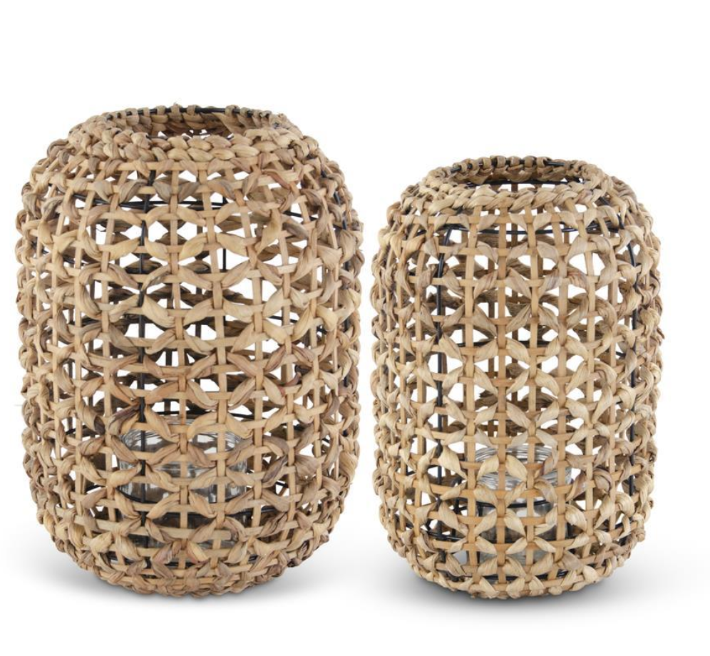 Natural Water Hyacinth Grass Lanterns w/Glass Votives