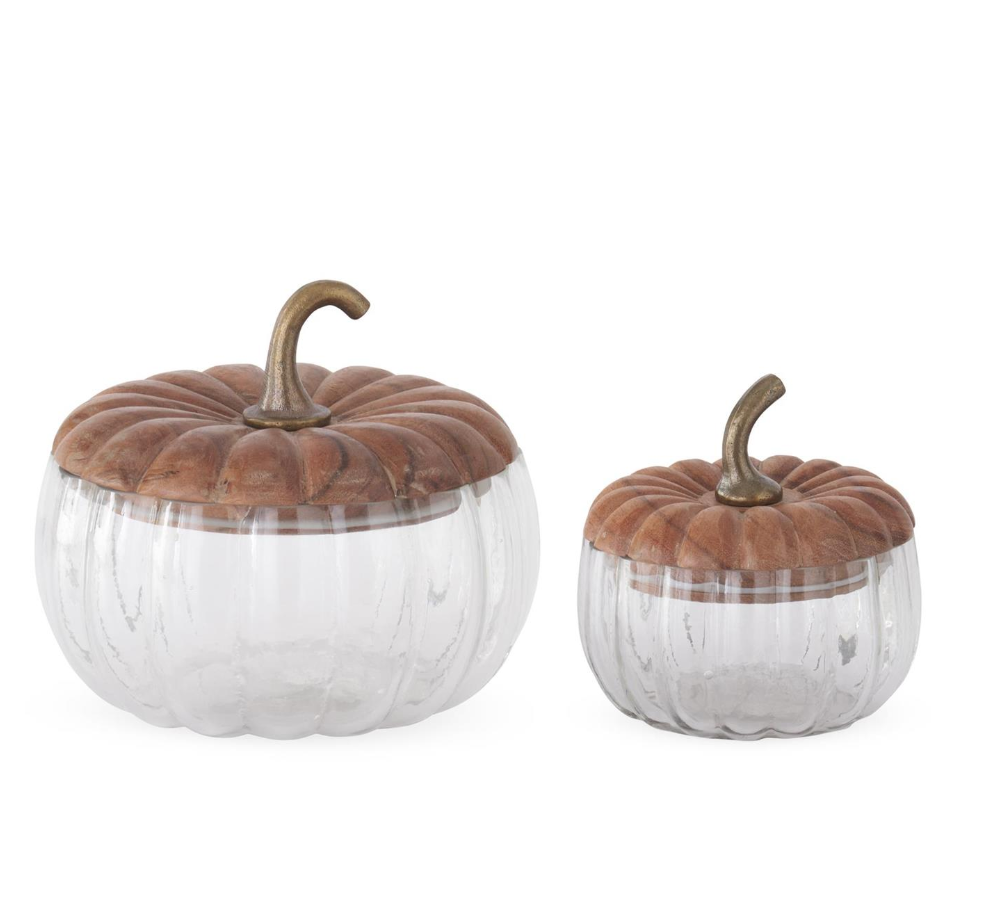 Glass Pumpkin Canisters w/Wood Lids & Metal Stem