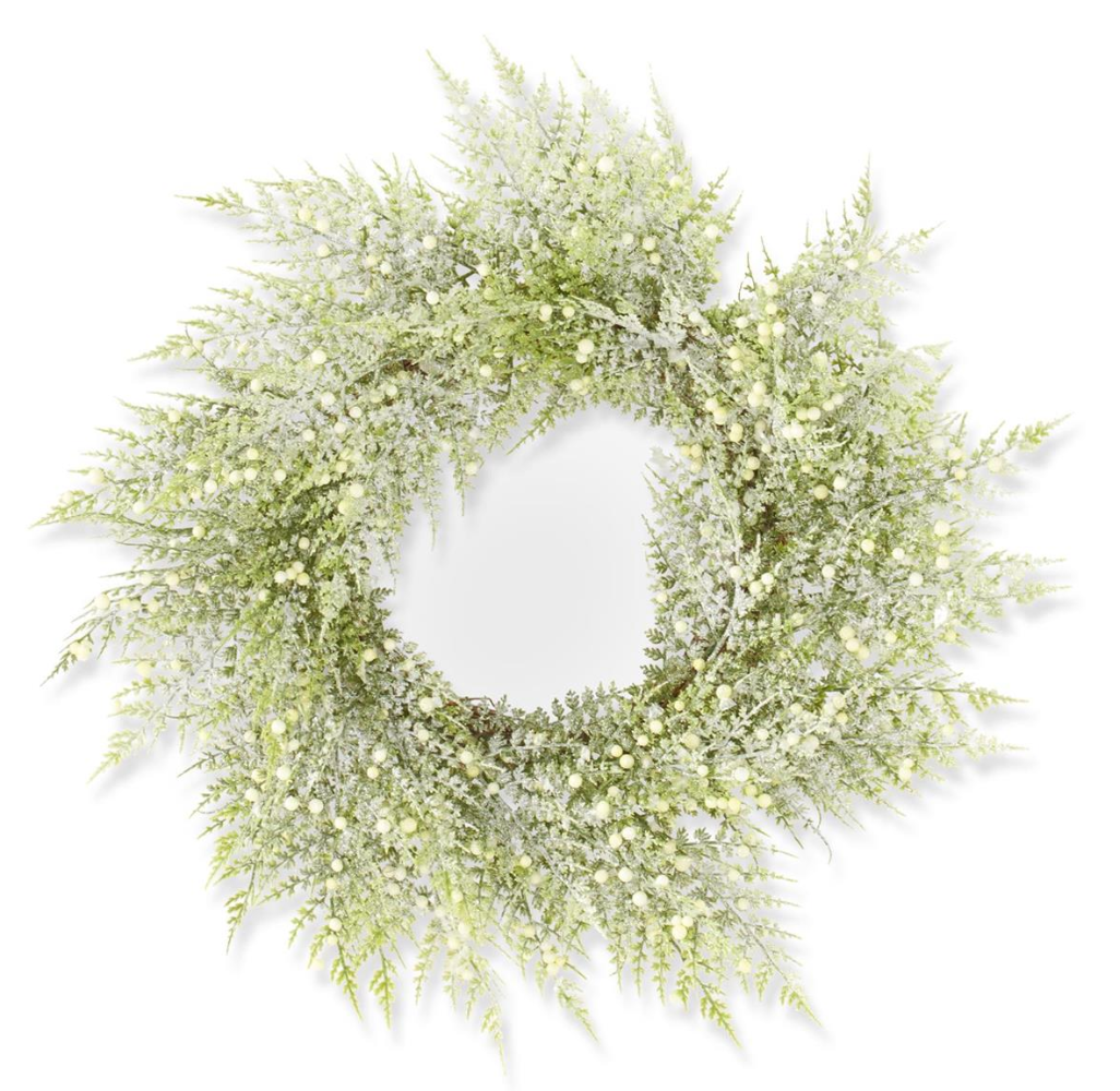 Glittered Snowy Fern Candle Ring/Wreath w/Mini White Berry