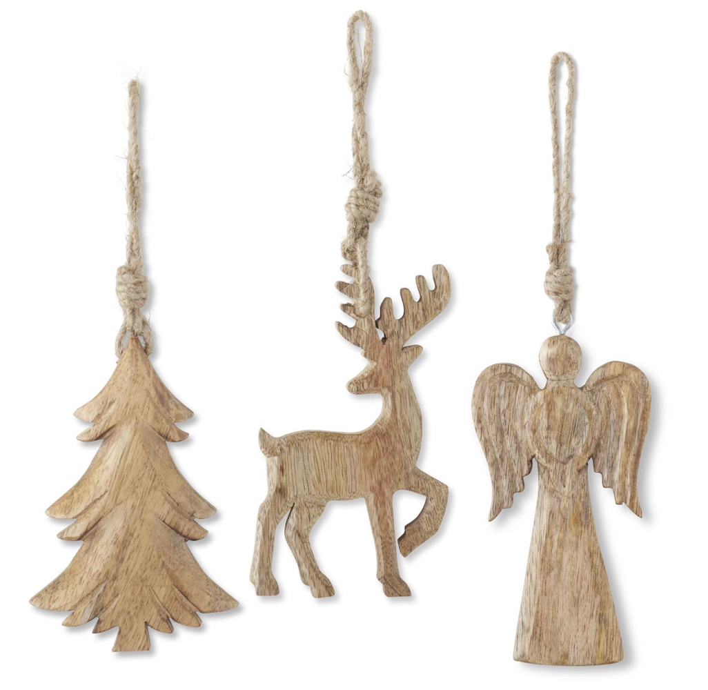 6 Inch Mango Wood Holiday Ornaments w/Jute Hangers