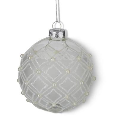 Frosted Clear Glass Diamond Painted White Beaded Ornament - Michigan Southern Charm