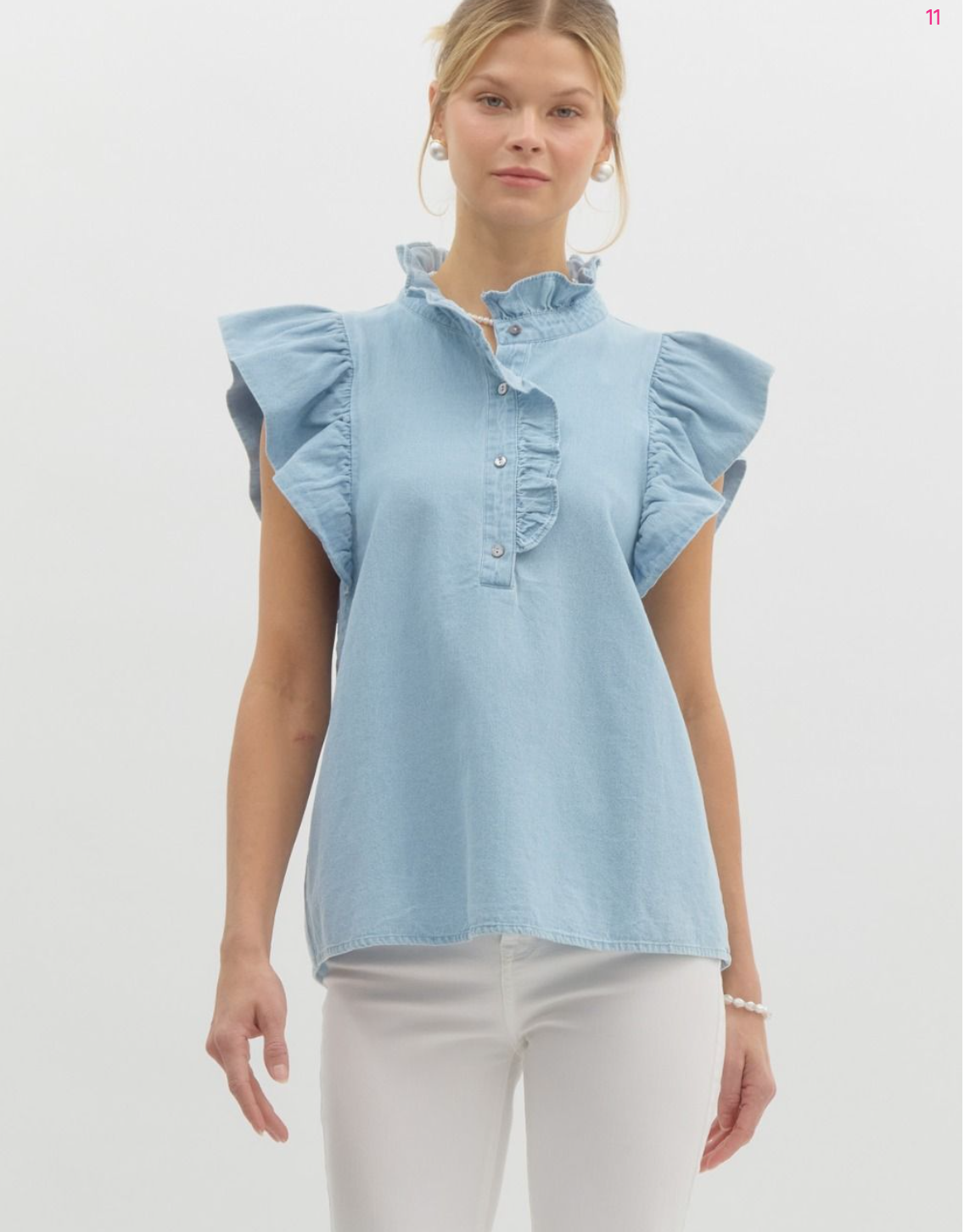 Denim Ruffle Flutter Sleeve Top