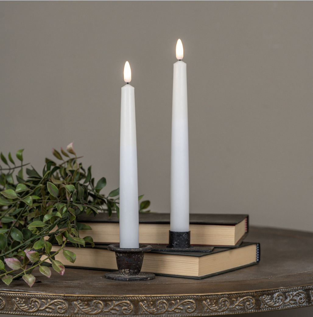 SET/ 2 - 9.5" 3D FLAME DROP WHITE TAPER CANDLE - Michigan Southern Charm
