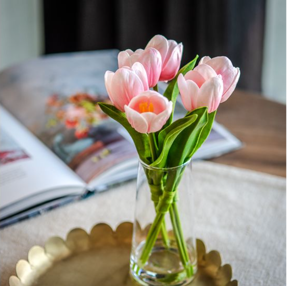 FAUX PINK TULIPS IN SKINNY GLASS VASE - Michigan Southern Charm
