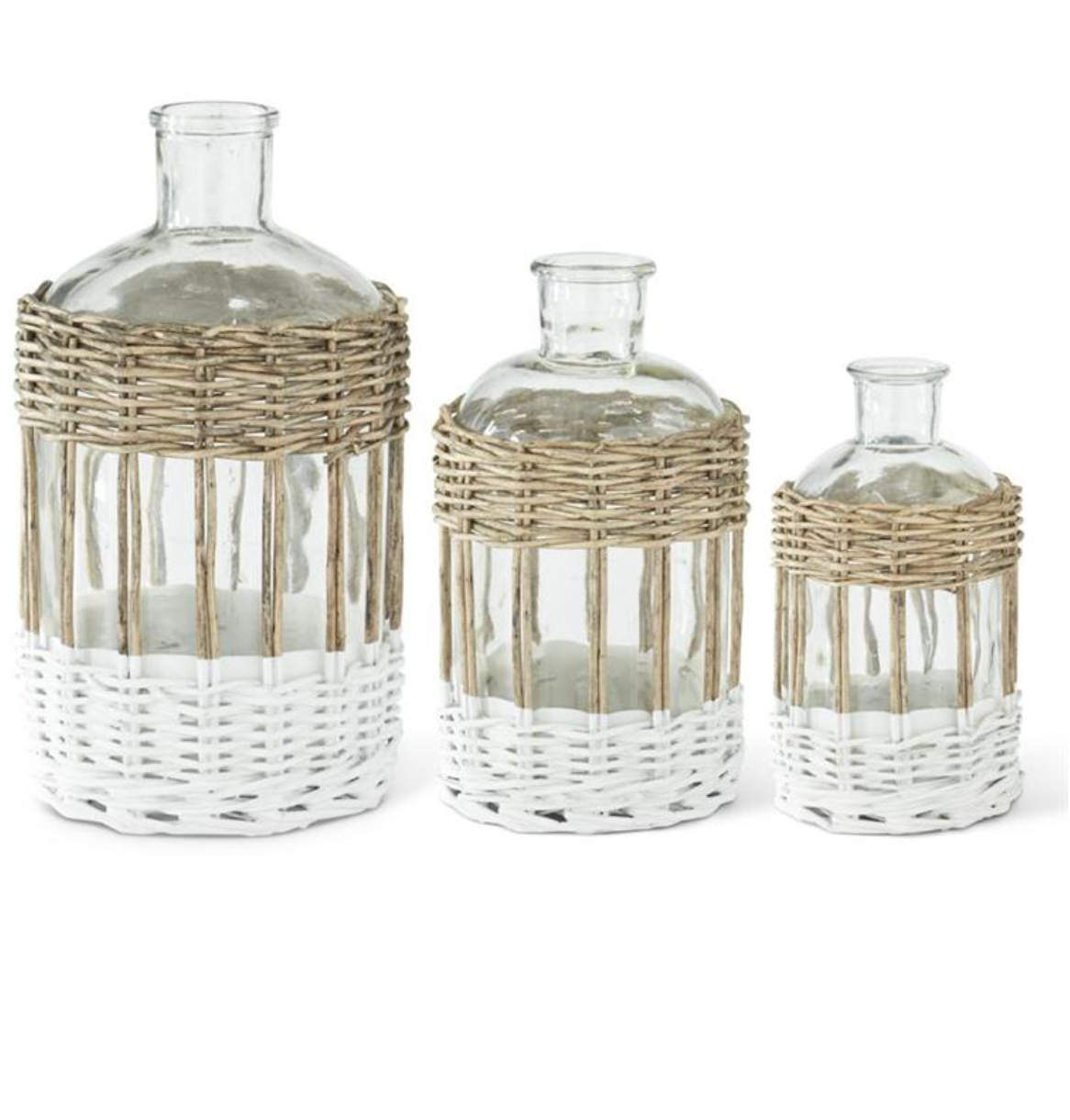 CLEAR GLASS BOTTLES IN WICKER SLEEVE