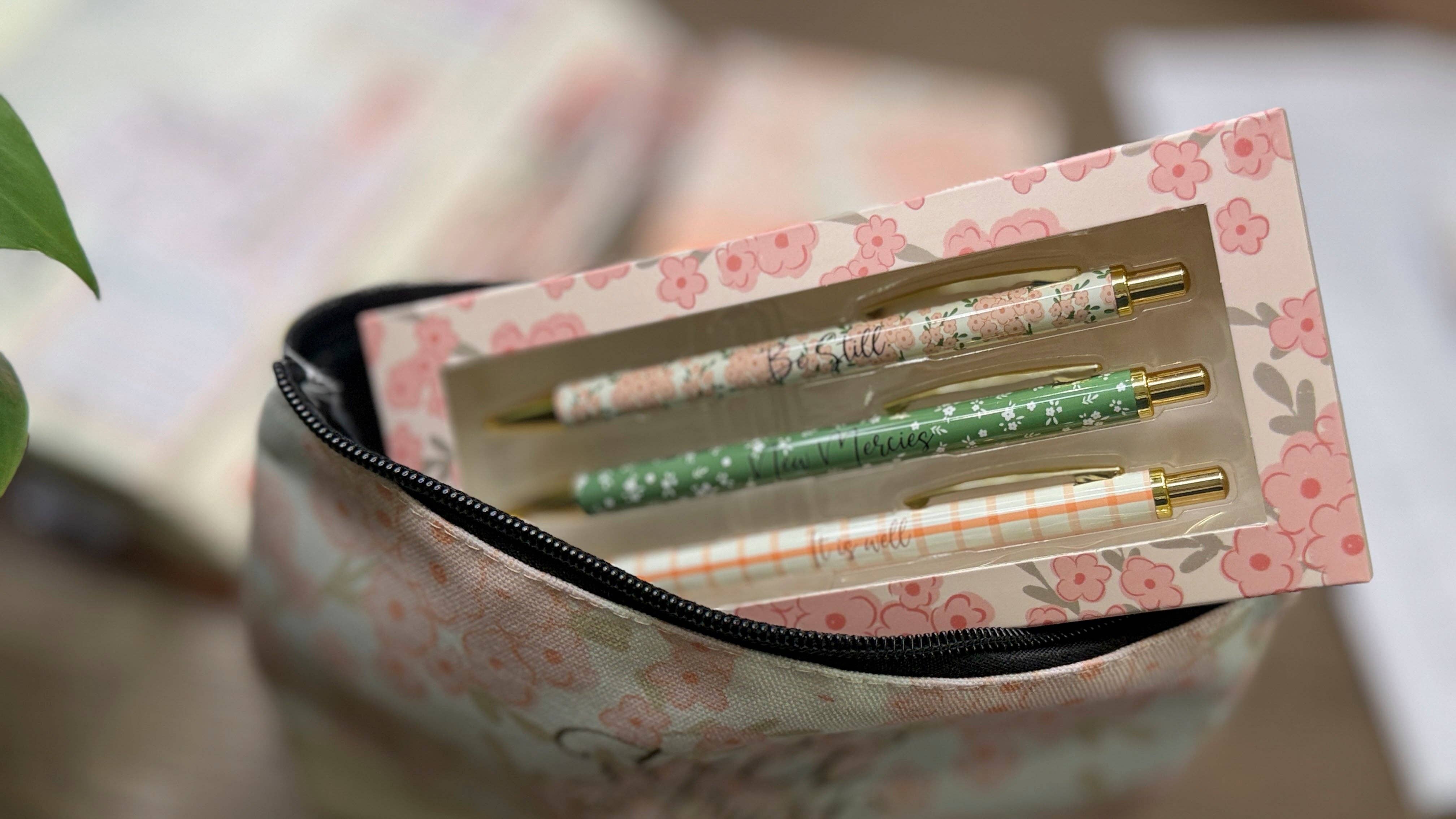Be Still Christian Pen Set | Peach Floral Fine Tip Bible Study Pens