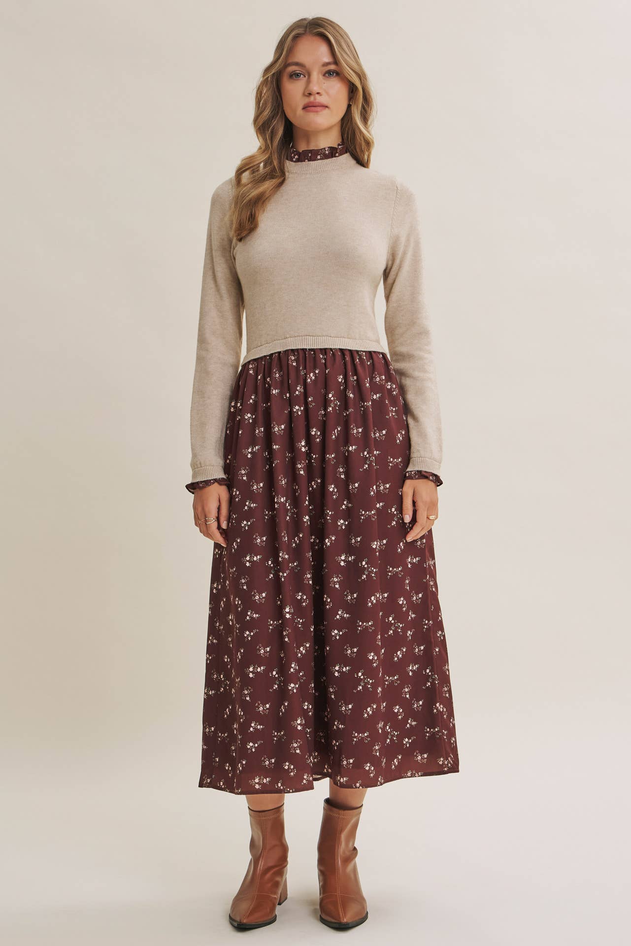 PRESSED PETALS VISCOSE BLEND SWEATER TWOFER MIDI DRESS