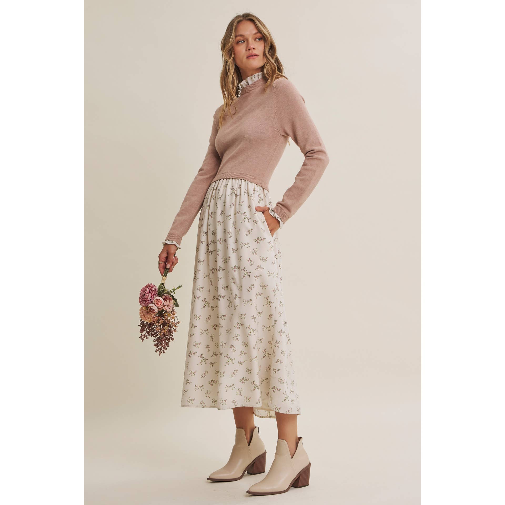 PRESSED PETALS VISCOSE BLEND SWEATER TWOFER MIDI DRESS