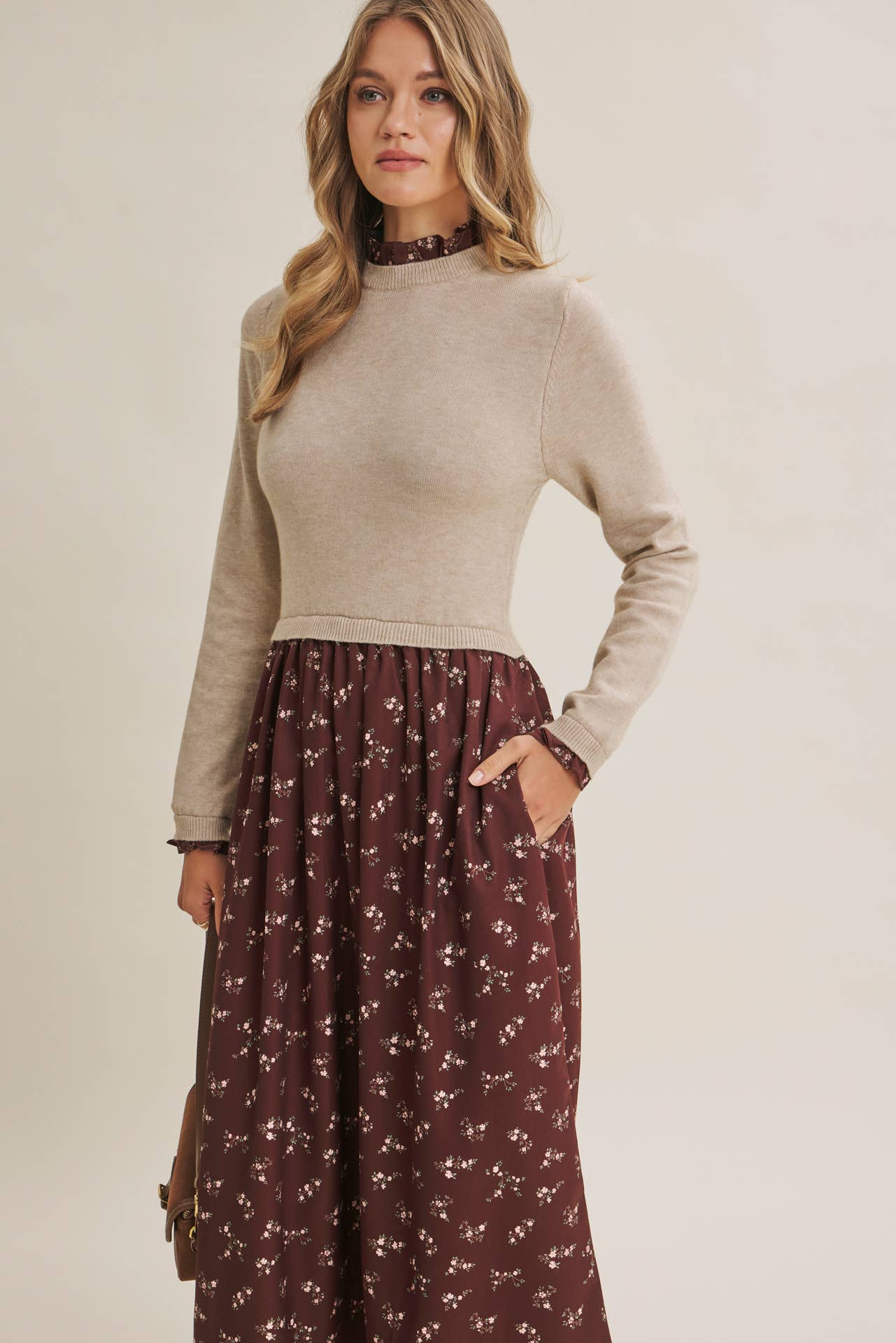 PRESSED PETALS VISCOSE BLEND SWEATER TWOFER MIDI DRESS