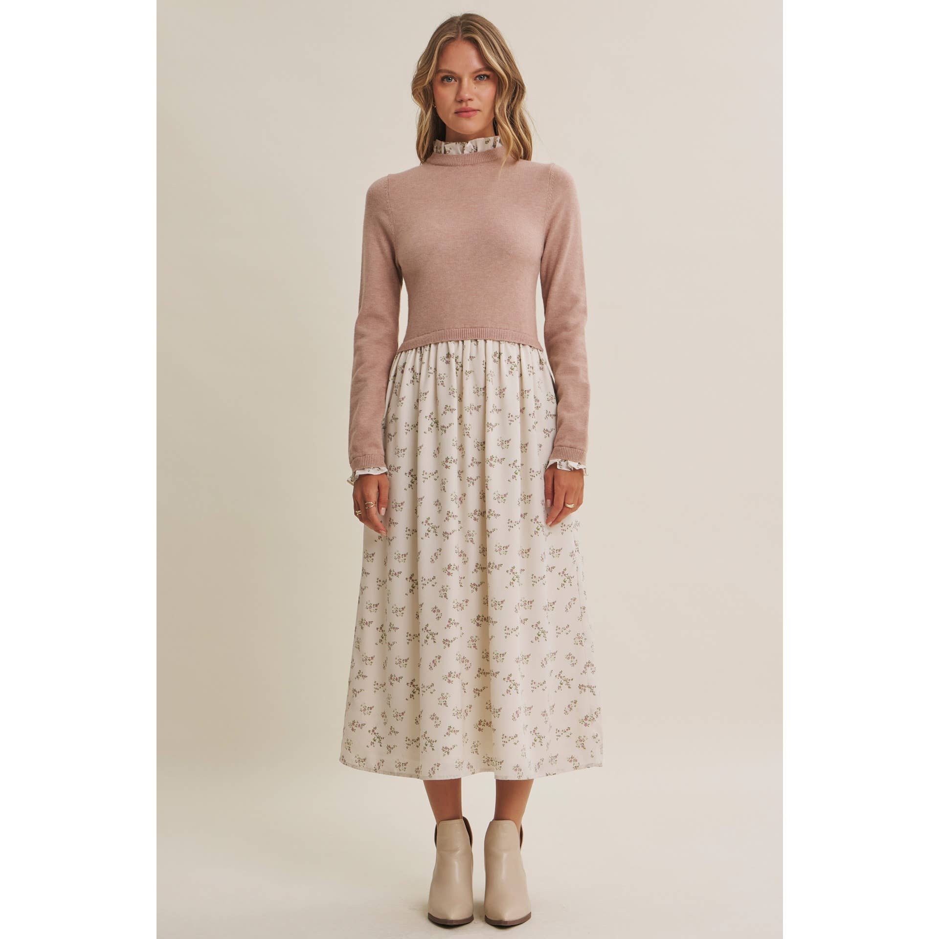 PRESSED PETALS VISCOSE BLEND SWEATER TWOFER MIDI DRESS