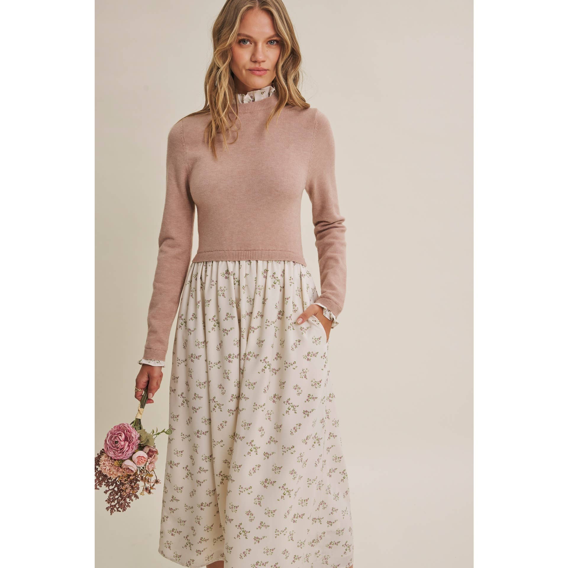 PRESSED PETALS VISCOSE BLEND SWEATER TWOFER MIDI DRESS