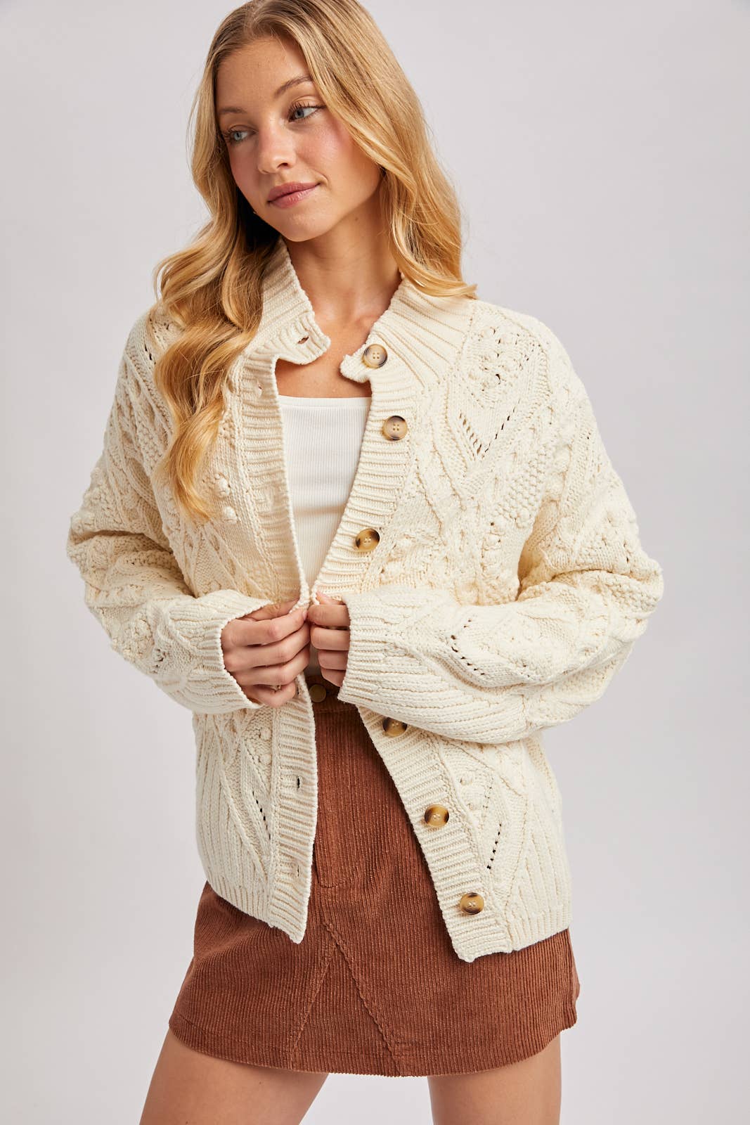 BUTTON DOWN MOCK NECK CABLE KNIT SWEATER CARDIGAN