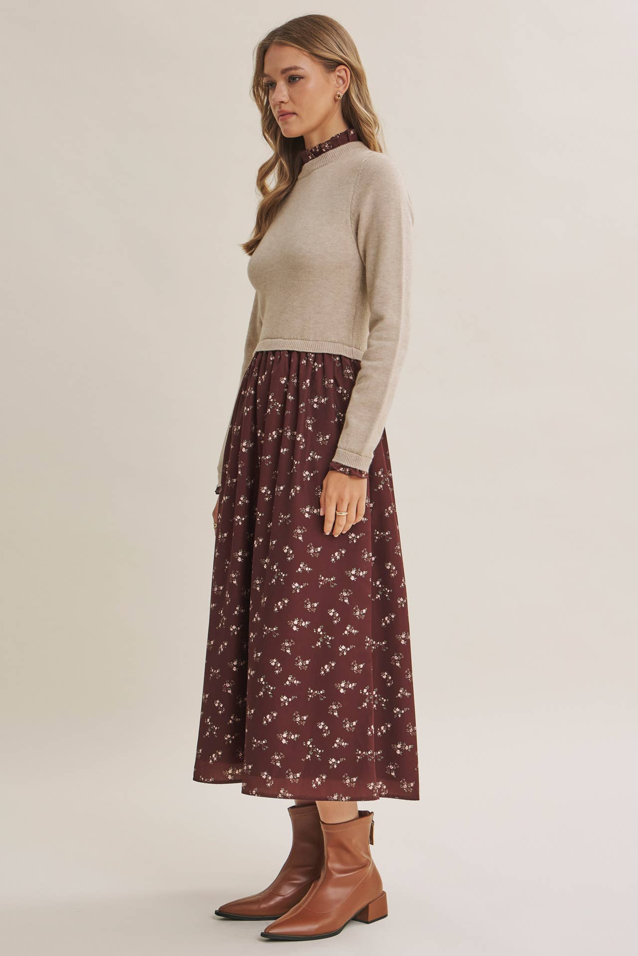 PRESSED PETALS VISCOSE BLEND SWEATER TWOFER MIDI DRESS