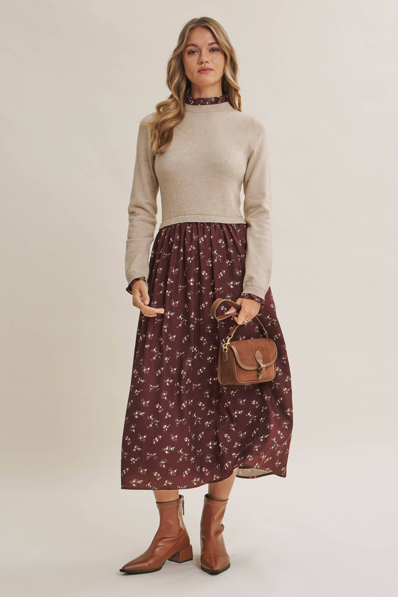 PRESSED PETALS VISCOSE BLEND SWEATER TWOFER MIDI DRESS