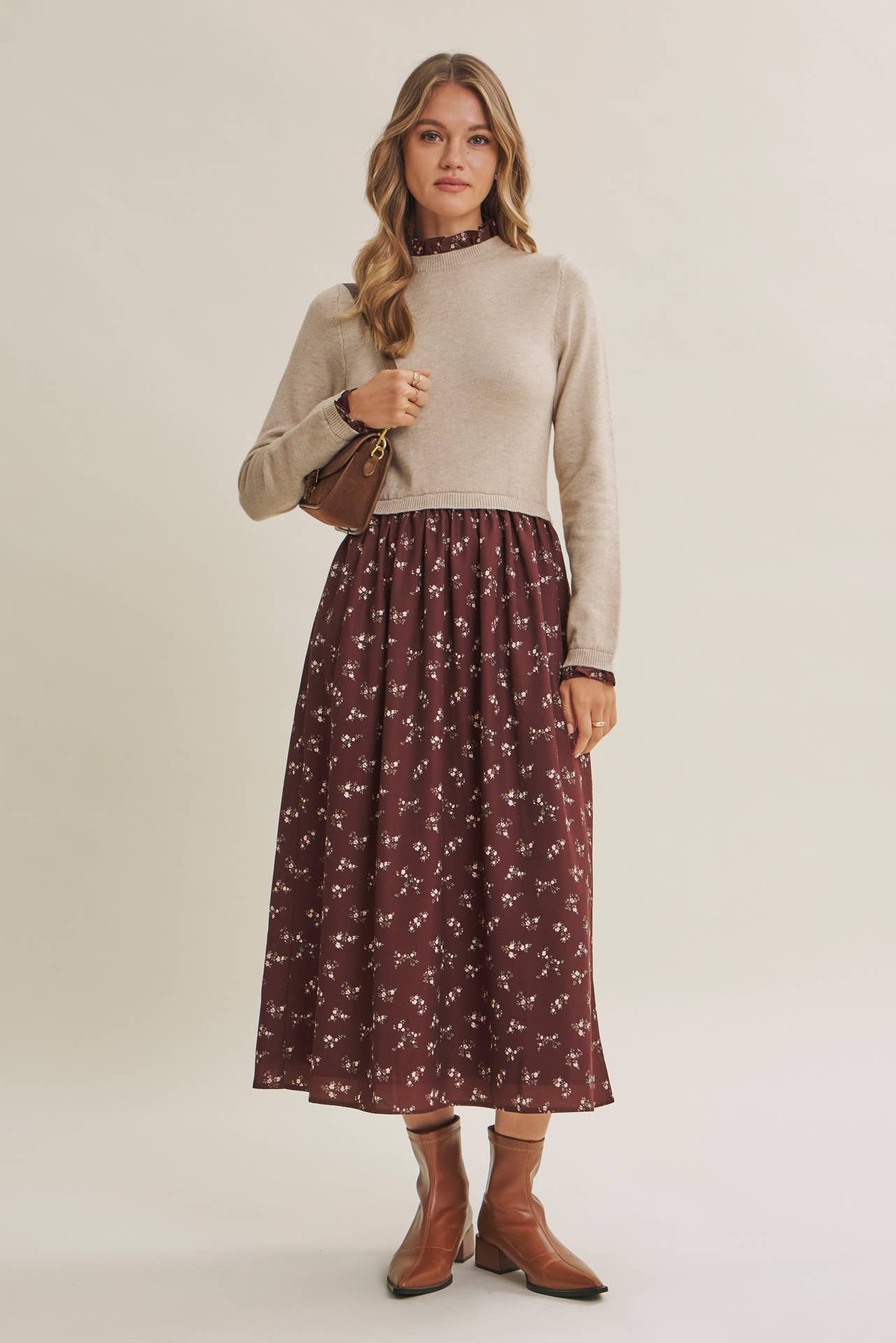 PRESSED PETALS VISCOSE BLEND SWEATER TWOFER MIDI DRESS