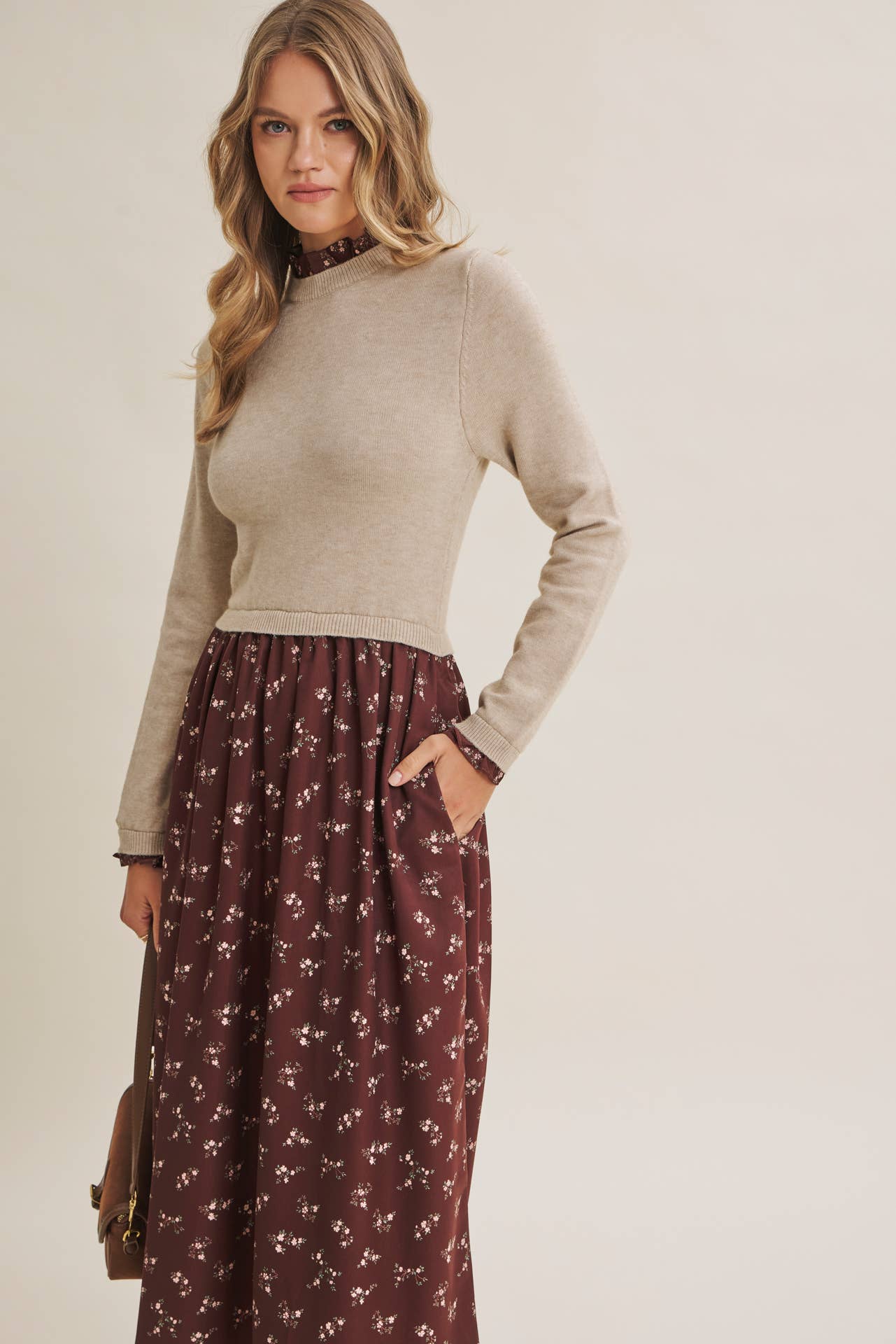 PRESSED PETALS VISCOSE BLEND SWEATER TWOFER MIDI DRESS