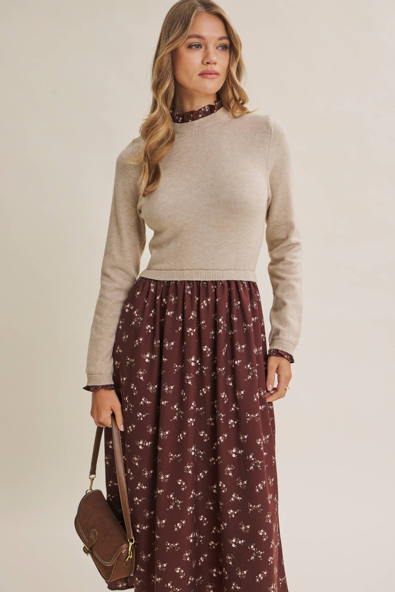 PRESSED PETALS VISCOSE BLEND SWEATER TWOFER MIDI DRESS