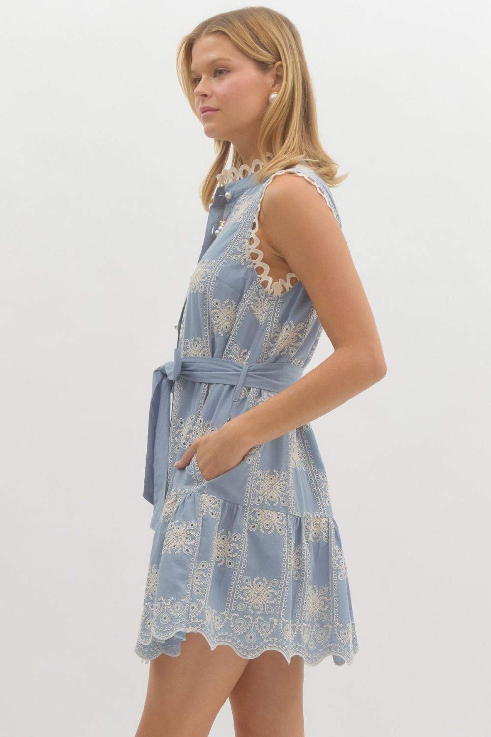 Sky Blue Embroidered Mini Dress